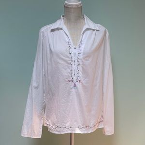 Caslon White Cotton Blouse with Embroidery Trim Vintage Hippie BoHo Size XL